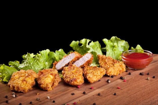 Nuggets de pollo, sobre una mesa de madera con salsa y lechuga sobre fondo negro.