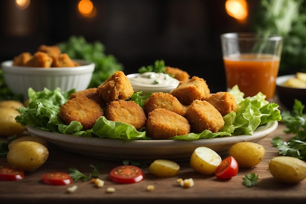 Foto nuggets de pollo de vista lateral en lechuga con salsa y patatas sin pelar