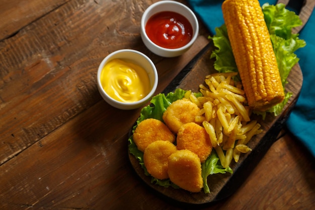 Nuggets Pommes Frites und Maiskolben auf einem Plankensalat auf einem blauen Tuch neben Käse