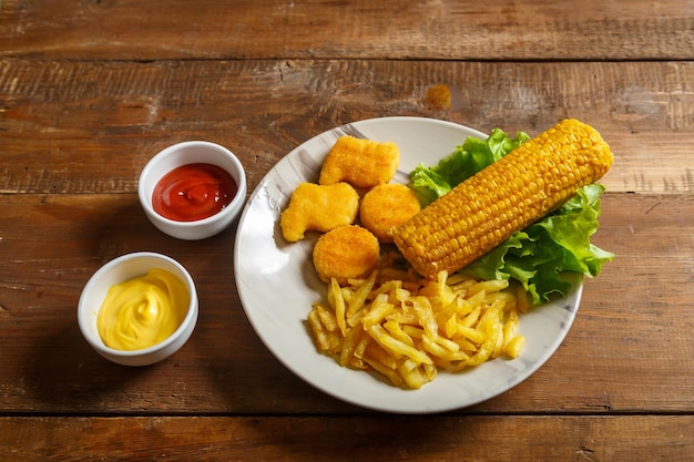 Nuggets Pommes Frites und Maiskolben auf Salatblättern auf einem Teller auf einem Holztisch