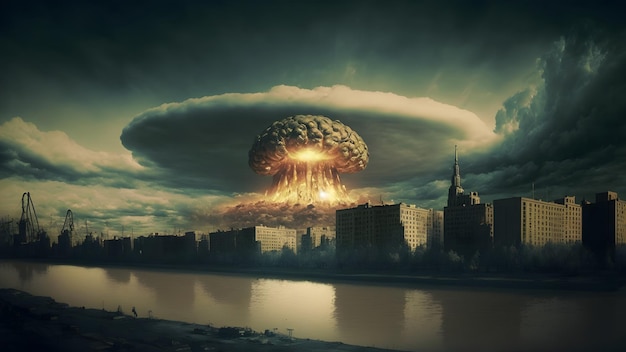 Nukleare Explosionspilzwolke über russischer Stadt am Morgen neuronales Netzwerk generierte Kunst
