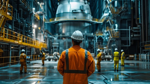 Nuklearingenieur überwacht die Beförderung von Brennstoff in den Reaktorkern mit Personal und Kränen