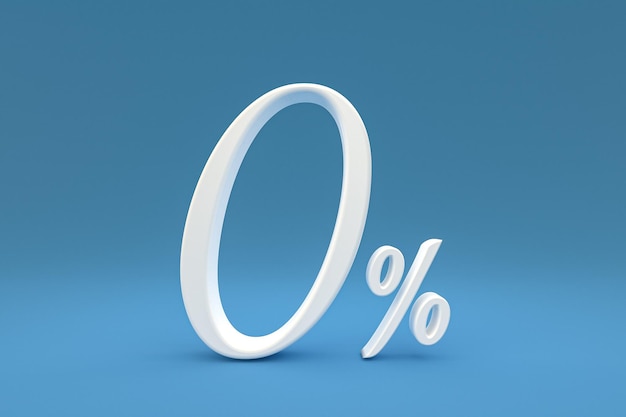 Nullprozentzeichen und Verkaufsrabatt auf blauem Hintergrund mit Sonderangebotspreis. 3D-Rendering