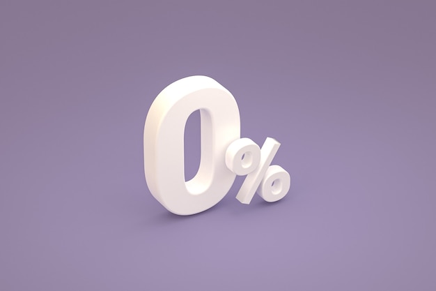 Nullprozentzeichen und Verkaufsrabatt auf violettem Hintergrund mit Sonderangebotspreis. 3D-Rendering