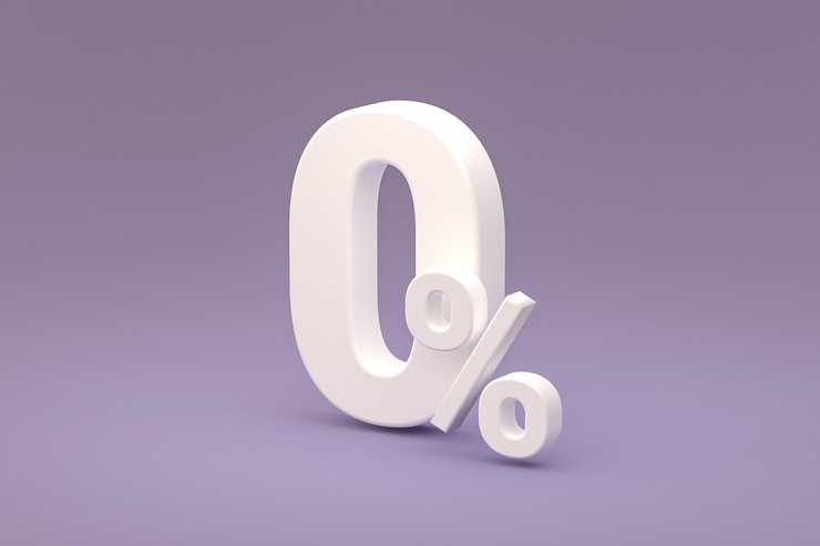 Foto nullprozentzeichen und verkaufsrabatt auf violettem hintergrund mit sonderangebotspreis. 3d-rendering