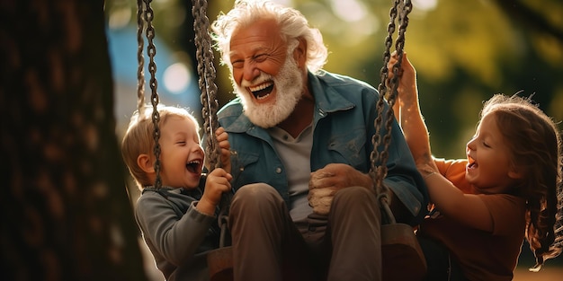 Foto num baloiço do parque, um homem idoso está a rir com os seus netos.