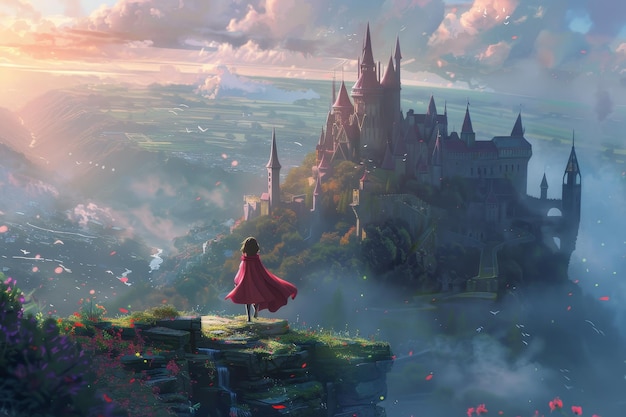 Foto num castelo de contos de fadas, no topo de uma colina nebulosa, uma rapariga embarca numa aventura mágica.