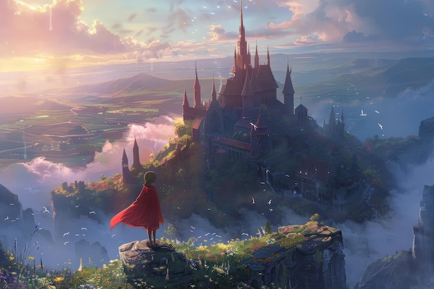 Foto num castelo de contos de fadas, no topo de uma colina nebulosa, uma rapariga embarca numa aventura mágica.