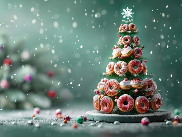 Num dia de neve, há uma pilha de donuts e pão na mesa.