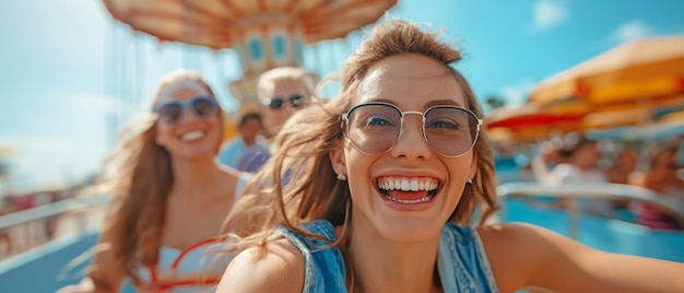 Num dia ensolarado, amigos felizes num parque temático.