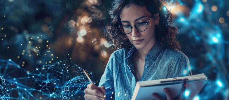 Foto num escritório moderno, humanos e robôs colaboram em projectos aproveitando as competências e a criatividade aig62