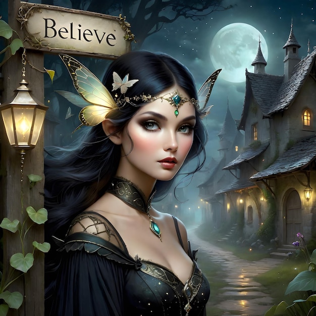 Numa antiga e pitoresca aldeia, uma fada está ao lado de um letreiro que diz: "Acredite na magia".