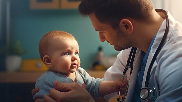 Foto numa clínica, um médico examina uma criança pequena.