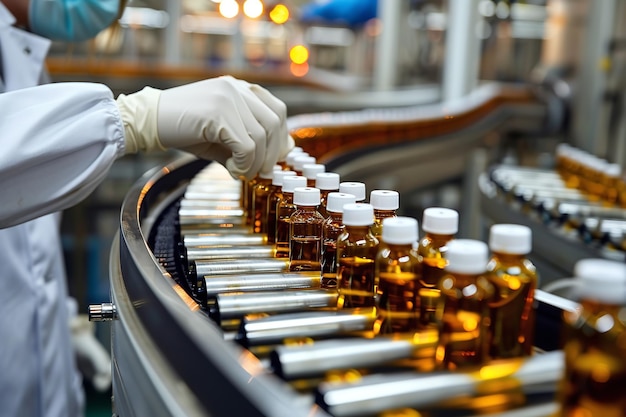 Numa fábrica farmacêutica, os cientistas agrupam meticulosamente componentes terapêuticos essenciais usando luvas médicas.