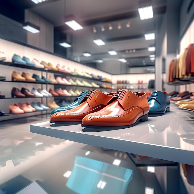 Foto numa loja de sapatos, os vendedores estão a apresentar a última moda.