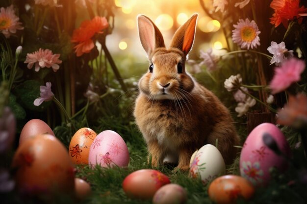 Numa pitoresca floresta de primavera cheia de flores radiantes e ovos de Páscoa, um coelho de Páscua traz uma sensação de maravilha e magia.