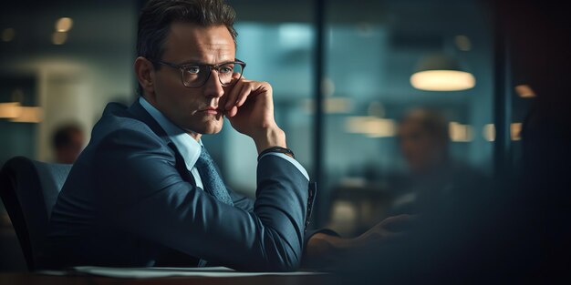 Foto numa sala de reuniões, um ceo masculino reflete sobre uma difícil escolha de negócio.