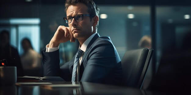 Foto numa sala de reuniões, um ceo masculino reflete sobre uma difícil escolha de negócio.