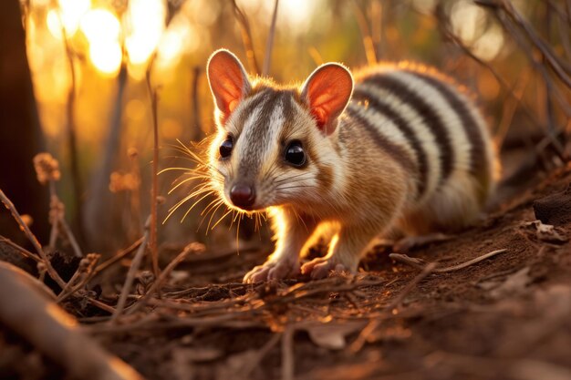 Un numbat, también conocido como el hormiguero de bandas, se alimenta en el bosque australiano al atardecer