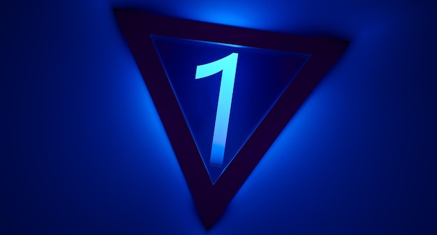 Numeral 1 neon turquesa brilhante em um fundo azul-violetaBanner número um 1 design 3D render