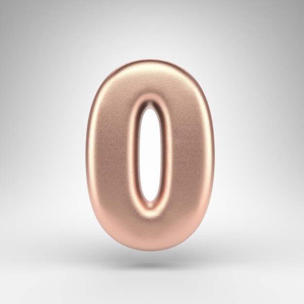 Número 0 sobre fondo blanco. Número renderizado 3D de cobre mate con textura metálica brillante.