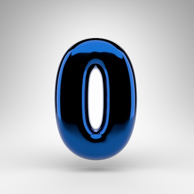 Número 0 sobre fondo blanco. Número renderizado 3D cromado azul con superficie brillante.