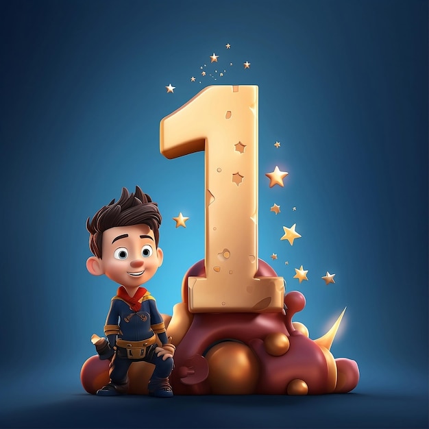 El número 1 en el estilo de dibujos animados de Disney