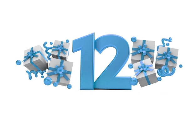 Número 12 número de celebración de cumpleaños azul con cajas de regalo 3D Rendering