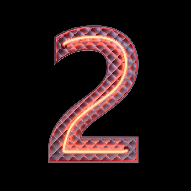 Número 2, alfabeto. Número 3d retro de neón aislado en un fondo negro con trazado de recorte. Ilustración 3D.