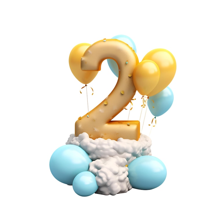 Número 2 bolo de comemoração de aniversário com nuvens e balões 3D Render