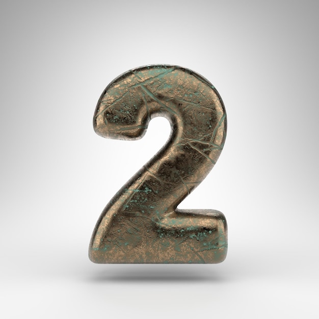 Número 2 sobre fondo blanco. Número renderizado 3D de bronce con textura rayada oxidada.
