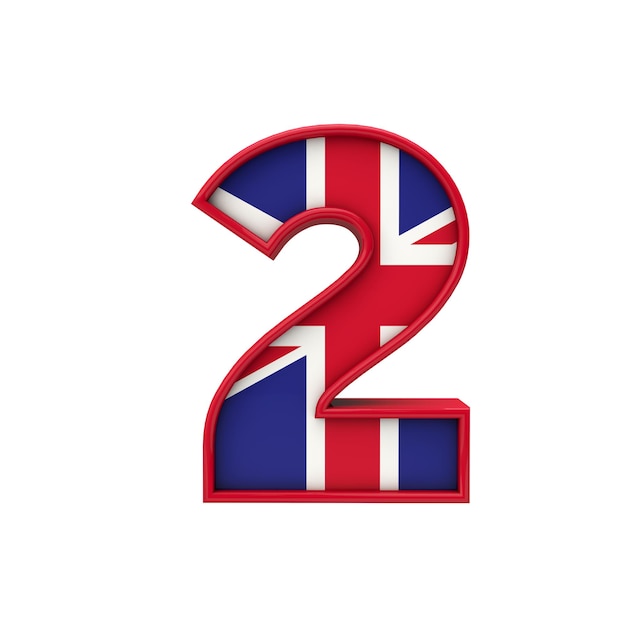 Número 2 Union Jack font Gran Bretaña bandera rotulación 3D Rendering