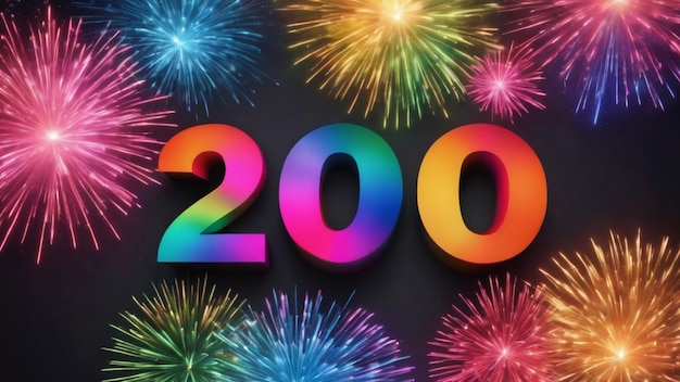 Número 200 com cores de néon e fogos de artifício no fundo