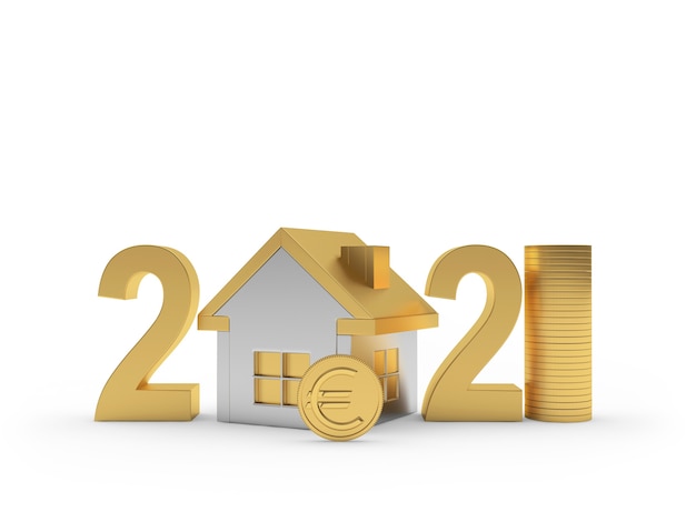 Número 2021 com o ícone da casa e moeda de euro