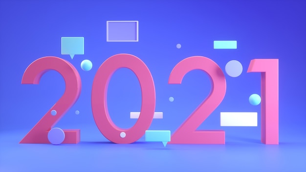 número 2021, concepto de año nuevo, render 3d