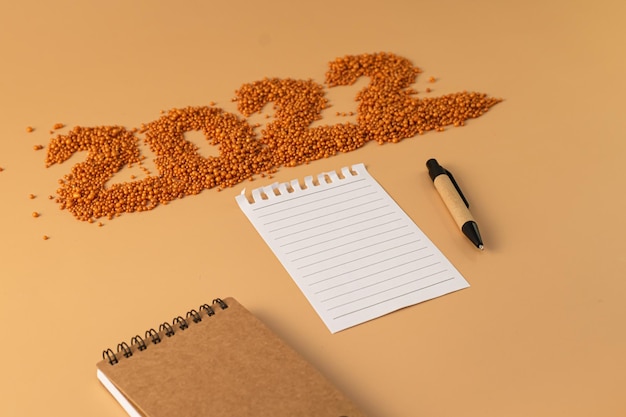 Número 2022 ao lado de um caderno e uma caneta de planejamento A estatueta é feita de laranja brilhante brilhante