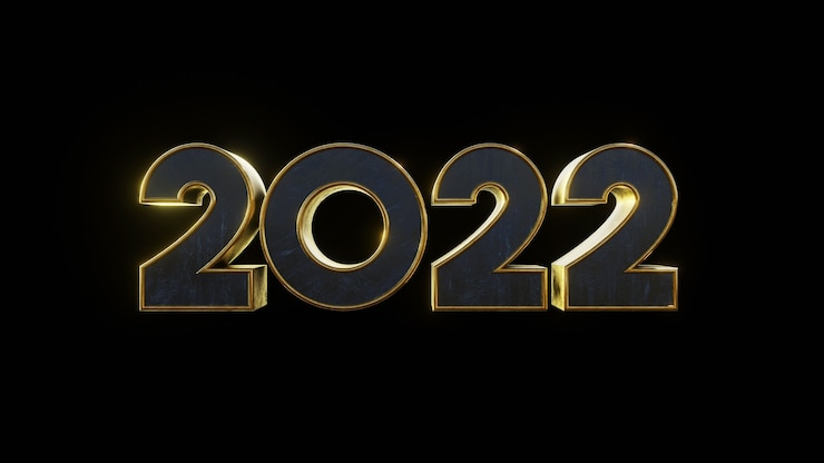 Foto número 2022 efecto de texto moderno de oro metálico con fondo negro aislado ilustración 3d render