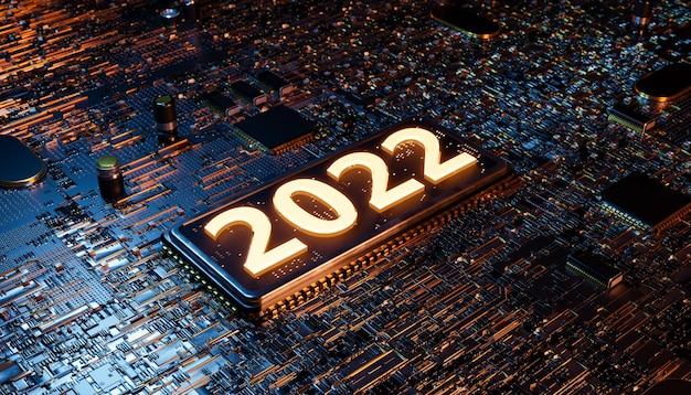 Número 2022 iluminado en el microchip de una placa electrónica