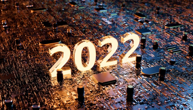 Número 2022 iluminado en una placa electrónica