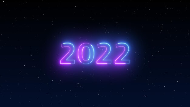 Número 2022 luz de neón brillante brillante 2022 feliz año nuevo fondo de cielo nocturno oscuro con decoración con número de neón en ilustración de fondo púrpura y azul plantilla de tarjeta de felicitación de vacaciones de invierno