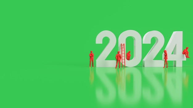 El número 2024 blanco y el hombre de negocios rojo en la representación 3d de fondo verde