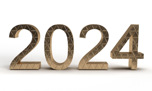 Número 2024, letra de texto, color de metal dorado, logotipo, símbolo, decoración, adorno, feliz año nuevo, calendario, ti.