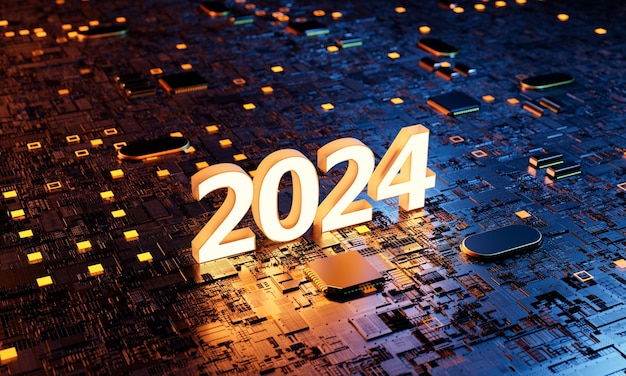 Número 2024 en una placa base futurista.