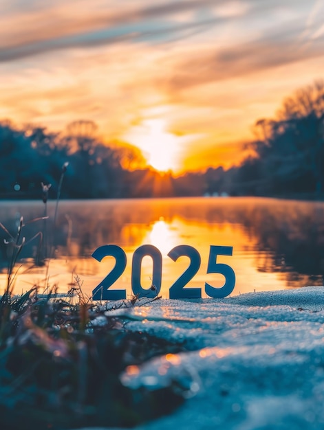 El número 2025 se encuentra prominentemente contra una serena orilla del lago al atardecer que se refleja en la superficie de las aguas Tranquila transición a un nuevo año con la naturaleza colores vibrantes como telón de fondo