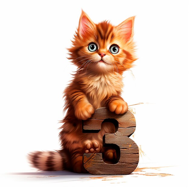 Número 3 e um gatinho fofinho e fofinho em close-up no fundo branco do aniversário do cartão de saudação