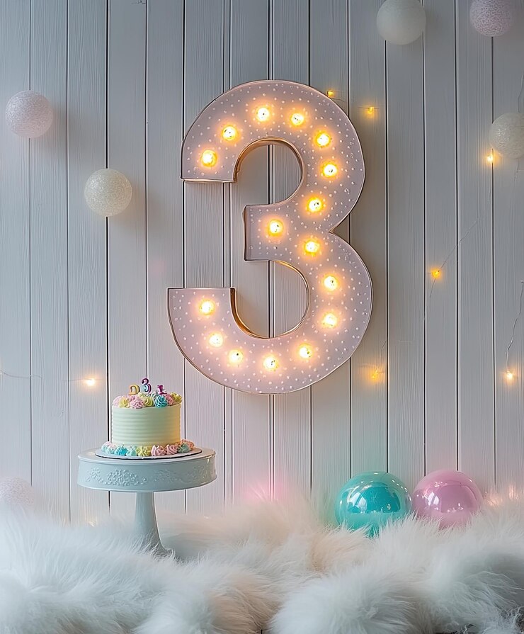 un número 3 está en un fondo blanco con luces y un pastel con el número 3 en él