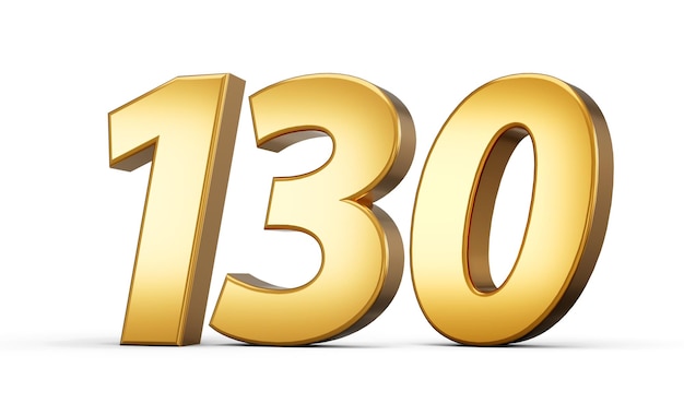 Número 3d 130 cento e trinta Texto dourado isolado em fundo branco com reflexo 3d