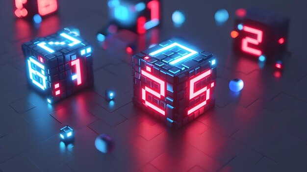 Número 3D iluminado de estilo Minecraft 2025 con telón de fondo geométrico