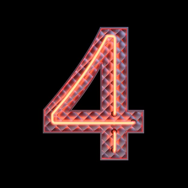 Foto número 4, alfabeto. número 3d retro de neón aislado en un fondo negro con trazado de recorte. ilustración 3d.