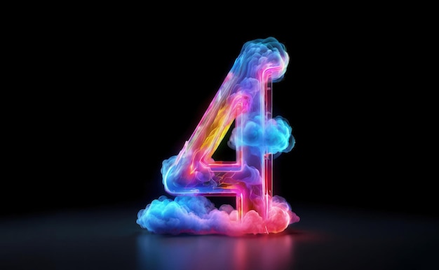 un número 4 brillante está iluminado por un alfabeto de luz rosa y azul hecho por humo colorido